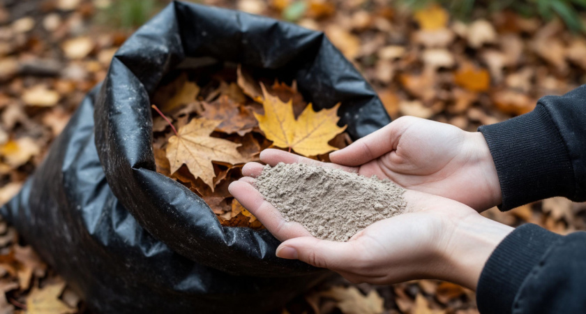 Засыпаю три ложки в опавшие листья, получается «суперудобрение» за 27 рублей. Перегной теперь не нужен